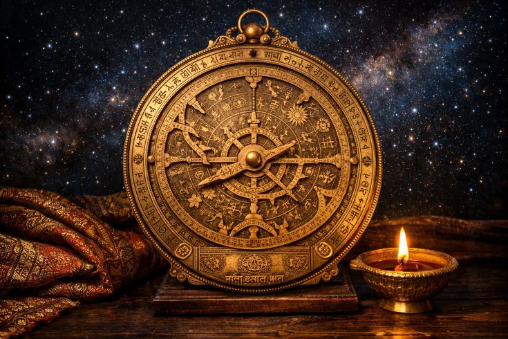 Древняя индийская латунная астролябия с ведическими гравировками и санскритом на фоне космического звёздного неба