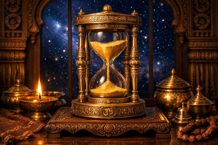 Латунные песочные часы с ведическими узорами и санскритом на резной индийской подставке на фоне звёздного неба