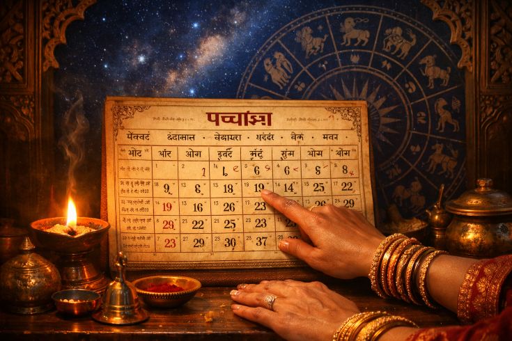 Руки с традиционными золотыми браслетами указывают на панчанг с санскритом и ведическими символами астрологии